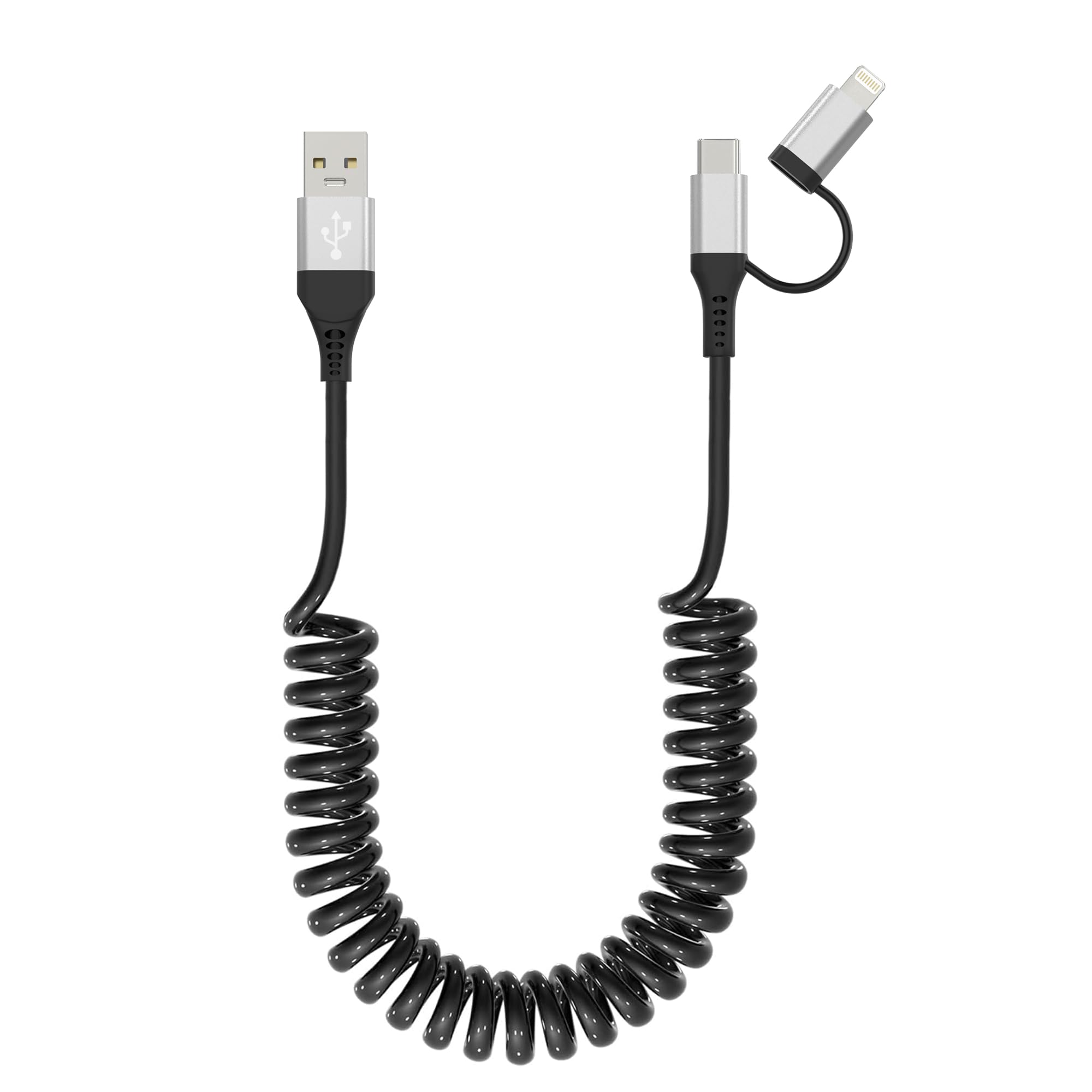 USB to USB-C and Lightning Cable 2 in 1 Coiled Cable Aple Carplay & Android Auto Compatible [MFi & 3A Fast Charge & Data Sync] Coiled Lightning and USB C Cable for iPhone 16/15/14/13/Android, Silver