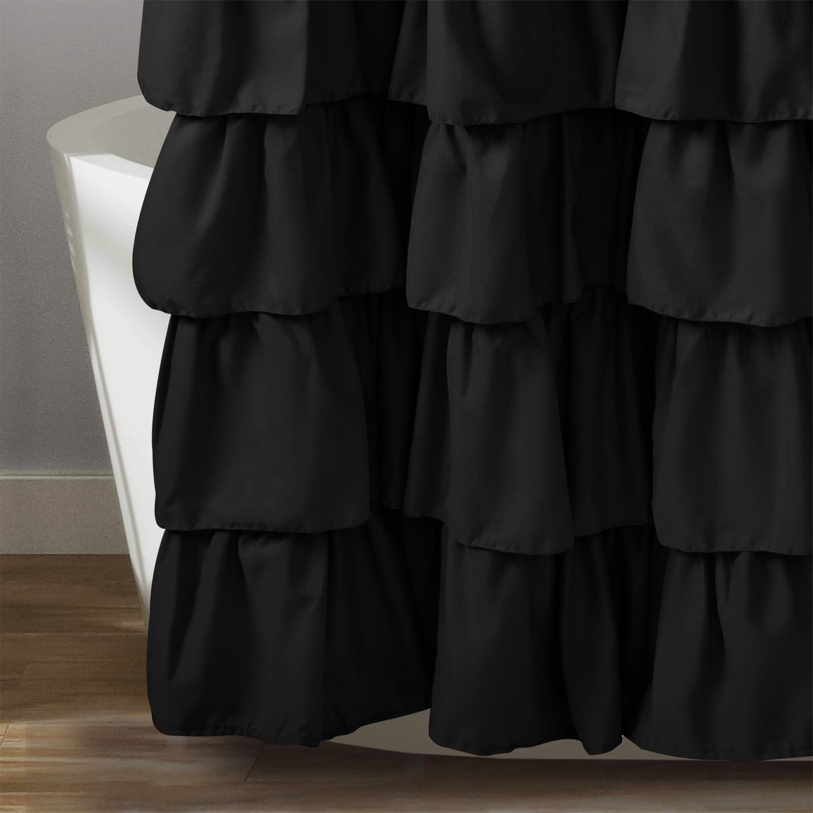 Seasonwood Black Farmhouse Shower Curtain Set with 12 Hooks 72 X 72inch Black and White Buffalo Plaid Pattern Fabric Shower Curtains with Buttons & Black Ruffles for Bathroom Bathtubs Decor