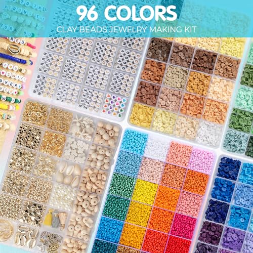 SJZWSD Enhanced 6 Boxes Friendship Bracelet Making kit- 16,000pcs in 6 Boxes, Featuring Clay Beads, Seed Beads, Glass Beads, Plus Letter Beads & Charms - Ideal for Friendship Bracelets