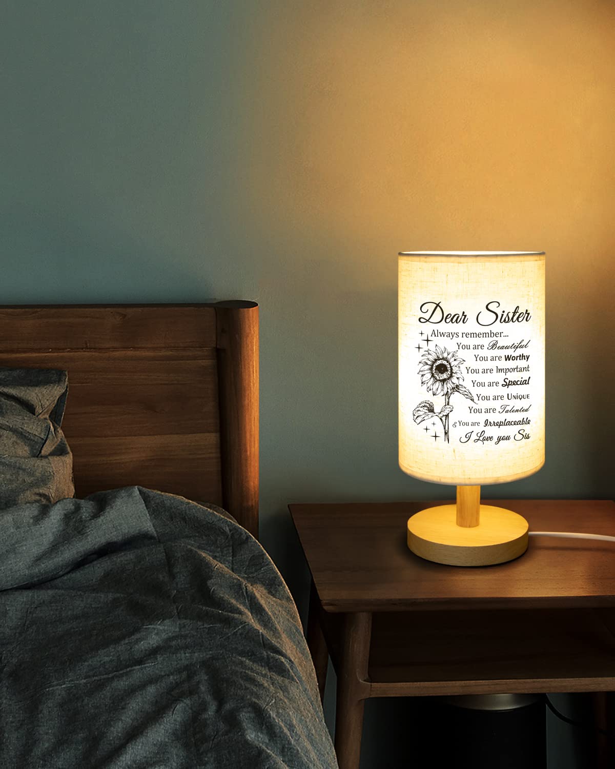 Calibron Sister Gifts, Sister Christmas Gifts Fabric Lamp, Christmas Gifts for Sister, Sister Birthday Gifts Table Lamp with Wooden Stand Anniversary Wedding Birthday Gifts for Sisters