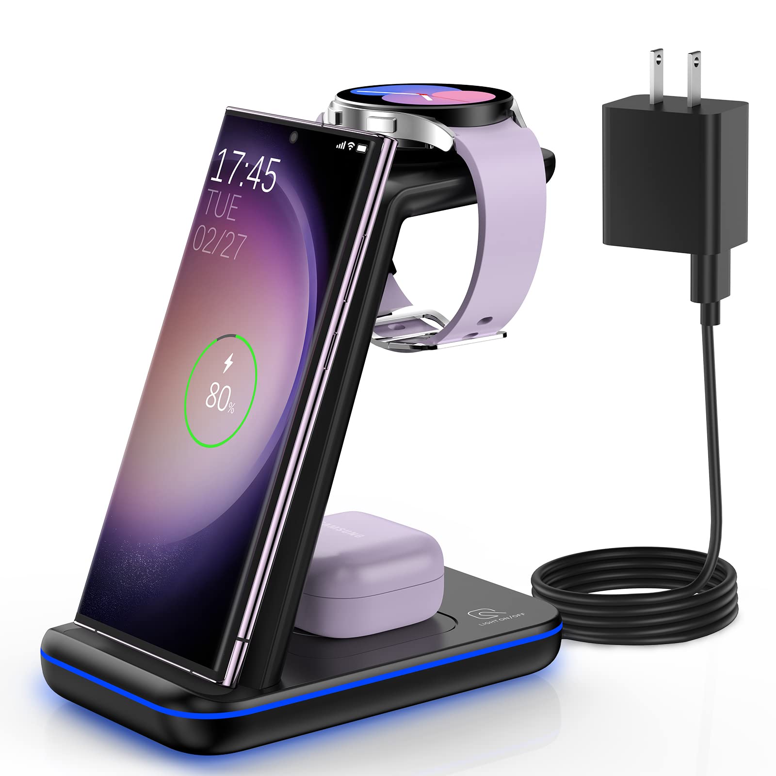 Wireless Charging Station for Samsung/Android, Fast Wireless Watch Charger Stand/Station Compatible for Samsung Galaxy S24/S23+/S22/Z Flip 6/5 Fold 6/5, Watch7/6/5/Pro/4/Active 1/2 Galaxy Buds3/2 Pro