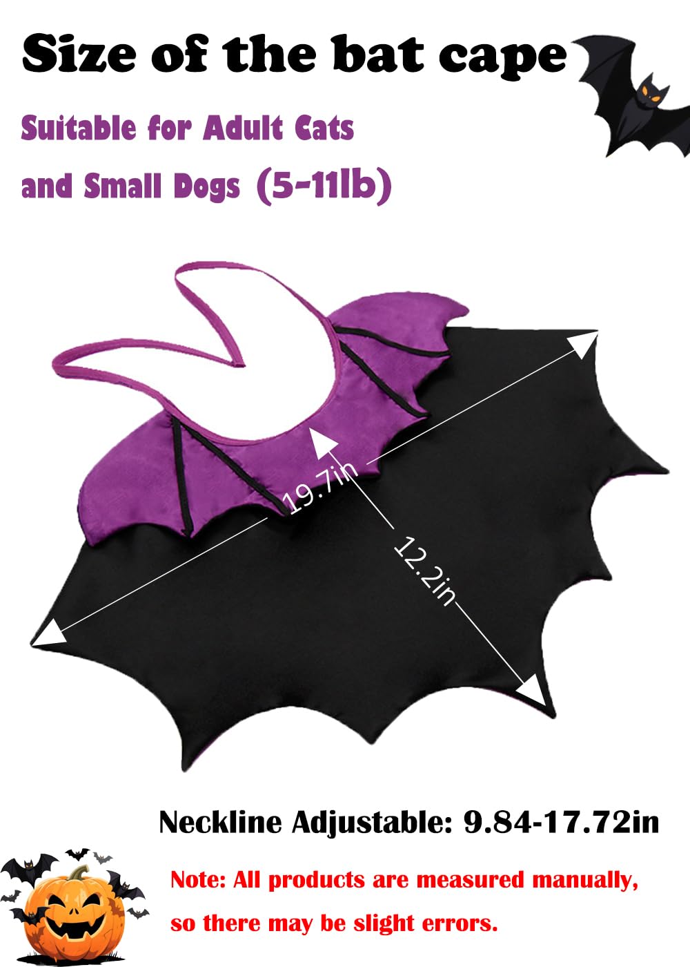 Cat Halloween Costume, Vampire Bat Wings Cape for Pets, Small Dog Halloween Costumes for Trick-or-Treating, Cosplay Events, Parties & Photos (Purple)