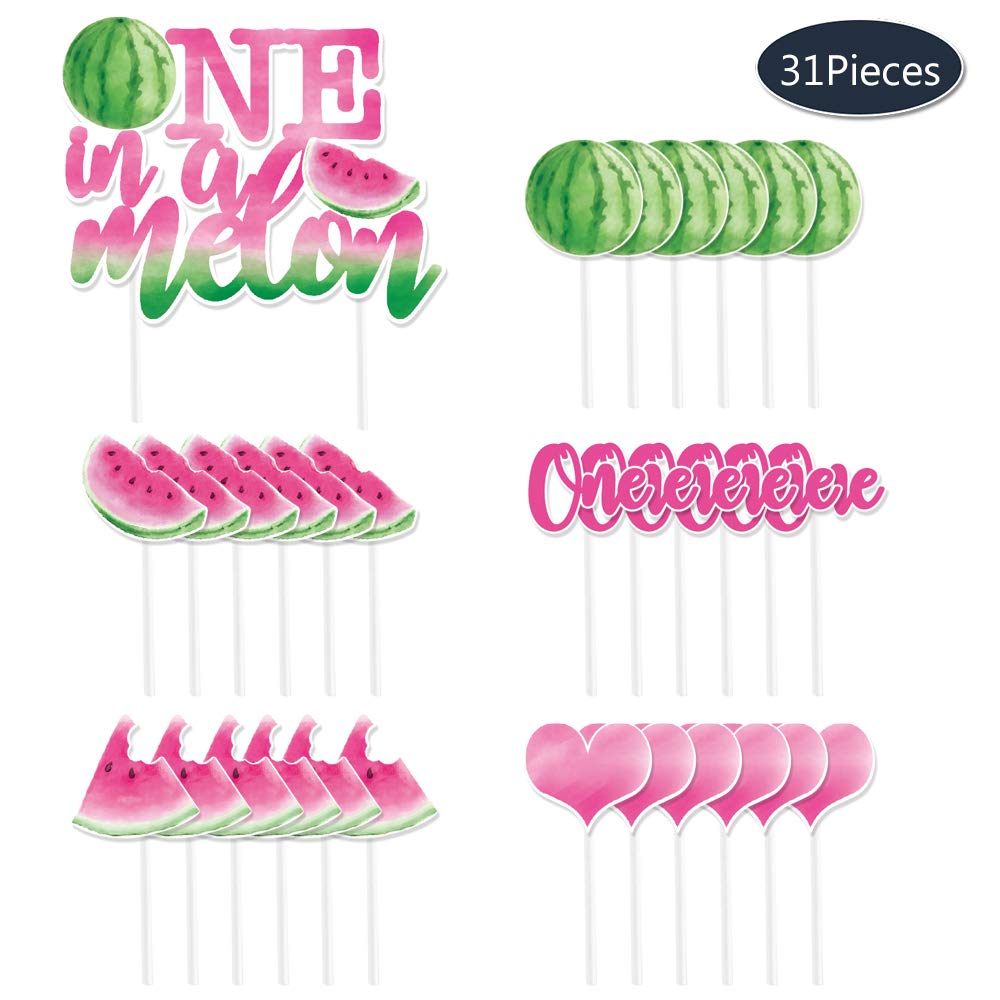 WERNNSAI Watermelon Cake and Cupcake Toppers - Pack of 31PCS Watermelon Cake Topper for Girls 1st Birthday Summer Tropical Fruit Watermelon Themed Party Cupcake Topper Picks Decorations