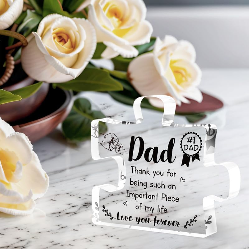 Gifts for Dad - Delicate Dad Birthday Gifts from Daughter Son - Engraved Acrylic Block Puzzle Piece Decorations 3.9 x 3.3 inch - Fathers Day Thanksgiving Birthday Gifts for Dad, Ideas