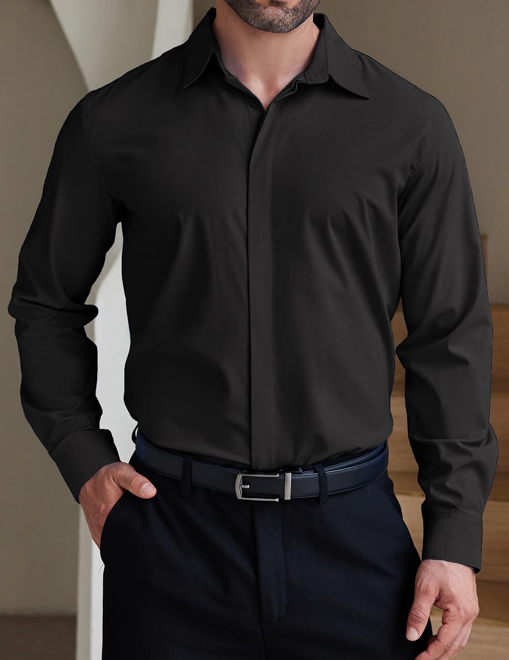 COOFANDY Mens Button Up Shirts Long Sleeve Dressy Formal Business Shirt Wrinkle-Free Normal Spread Collar Relaxed Fit Business Casual Dress Shirts Black 2XL XXL