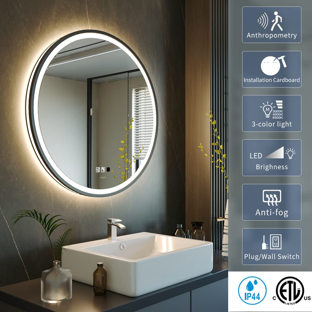 GANPE LED Sensor Mirror, Round Human Body Induction, Black Framed Vanity Mirror, Illuminated Dimmable Anti Fog IP44 Waterproof Wall Mounted Mirror (32" L x 32" W)