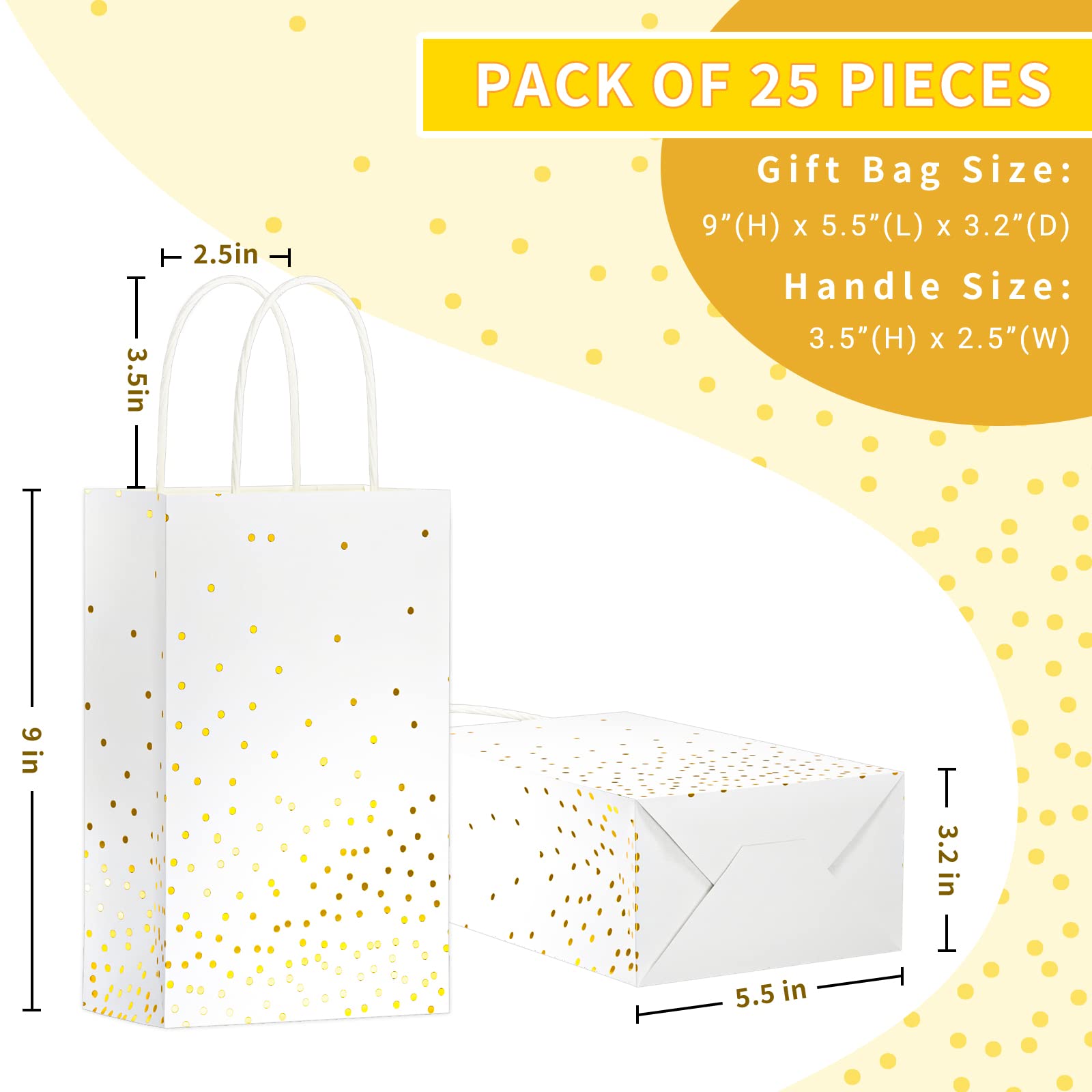 ECOHOLA 25 Pack White and Gold Gift Bags with Handles and Gold Foil Dots, Perfect for Bridal Party, Birthday Party, Wedding or Baby Showers