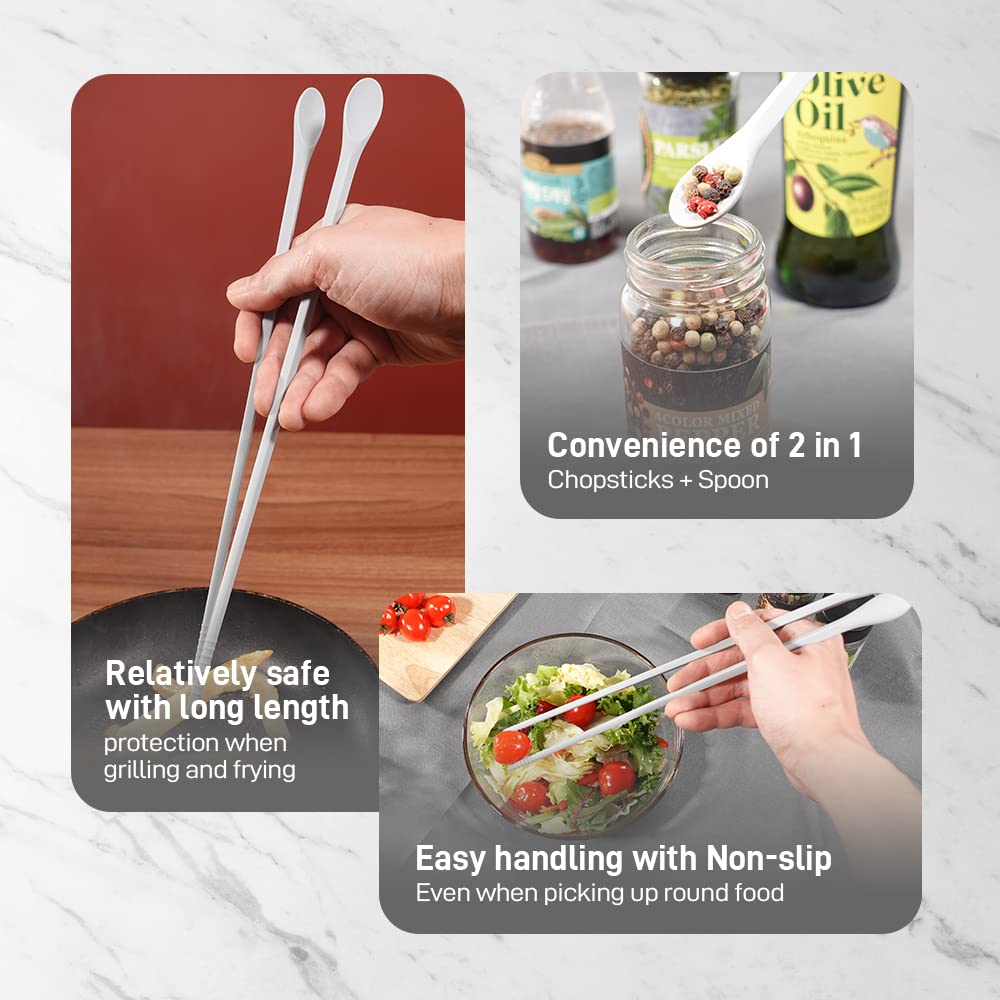 RECOHOME Reusable Long Silicone Cooking Chopsticks with Spoon 12 Inches 1 Pair, Dishwasher Safe, BPA-free Non-Slip, Non-Scratch, Korea Japanese Kitchen Utensils (Pastel Grey, 1Pair )