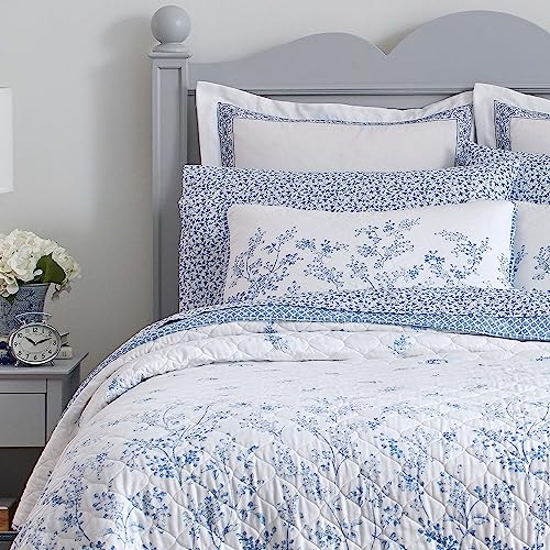 Laura Ashley Home - Twin Quilt Set, Reversible Cotton Bedding with Matching Sham, Pre-Washed Home Decor for Added Softness (Flora Blue, Twin)
