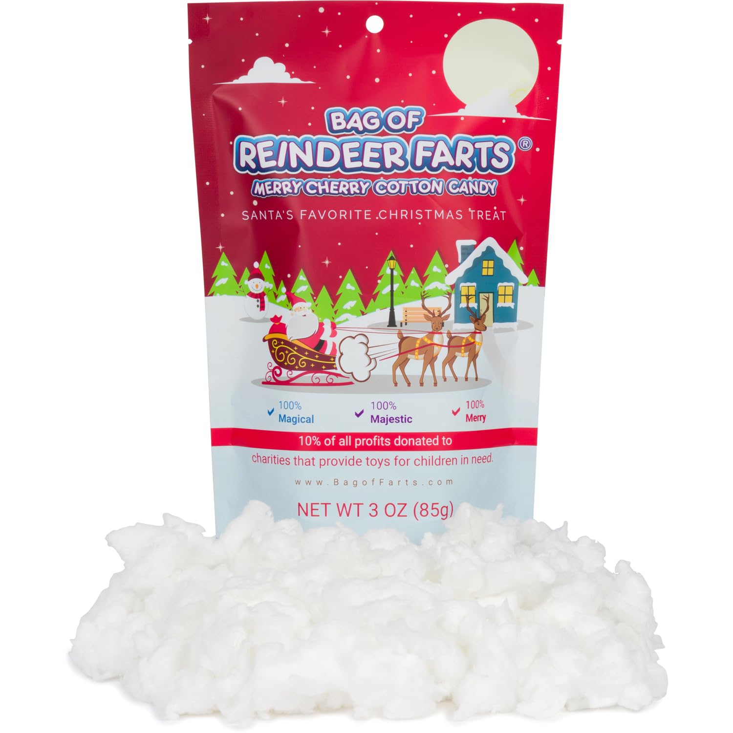 Bag of Reindeer Farts Cotton Candy, NEW Merry Cherry Flavor, 1 pack / 3 ounces, Funny Christmas Stocking Stuffer Present for Kids Boys Girls Teens Teachers White Elephant Unique Holiday Surprise