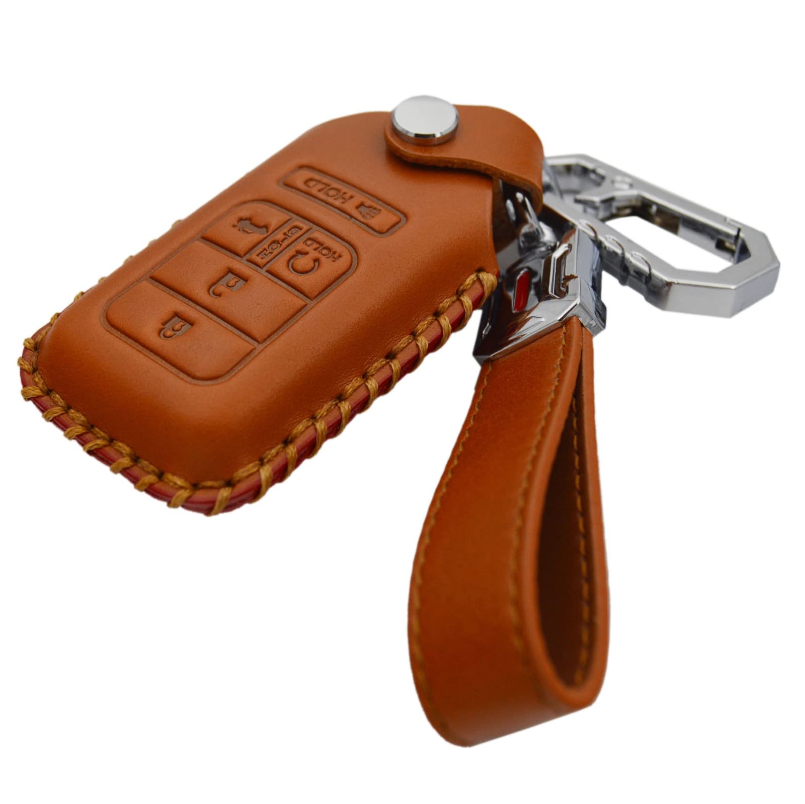 Real Leather Key Fob Cover with Keychain compatible with Honda Civic Accord Pilot CR-V HR V 5 Buttons Ridgeline Passport