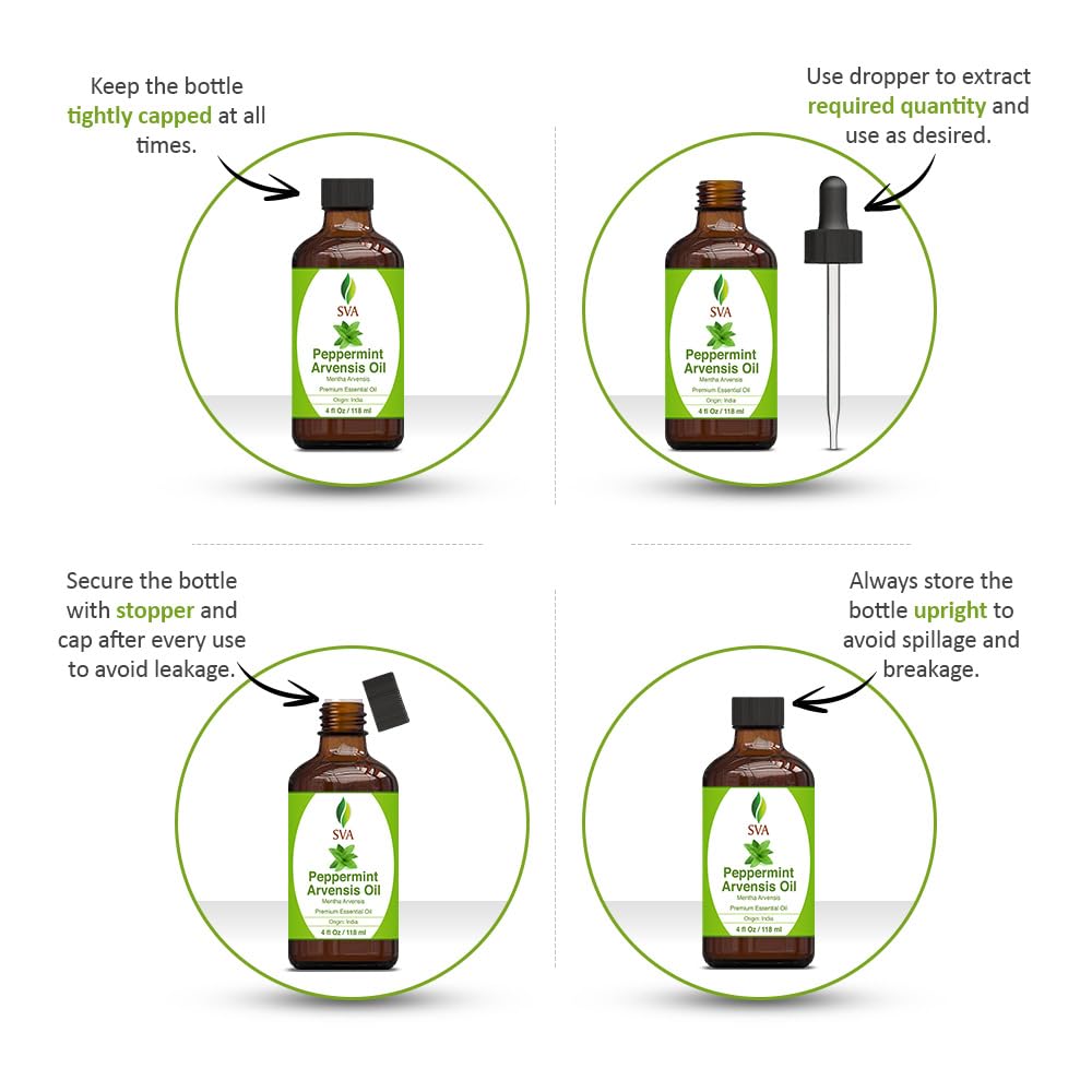 SVA Peppermint Essential Oil – 4 Fl Oz – 100% Natural Peppermint Oil - for Diffuser, Hair Care, Face, Skin Care, Aromatherapy, Scalp and Body Massage, Soap and Candle Making - with Dropper