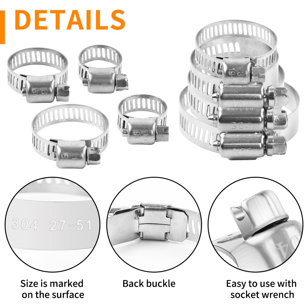HongWay 78 Pack Hose Clamp Assortment Kit, Adjustable Range 1/4-2in(6-51mm), 304 Stainless Steel Hose Clamps with 2pcs Socket Wrench, for Plumbing, Automotive and Mechanical Application