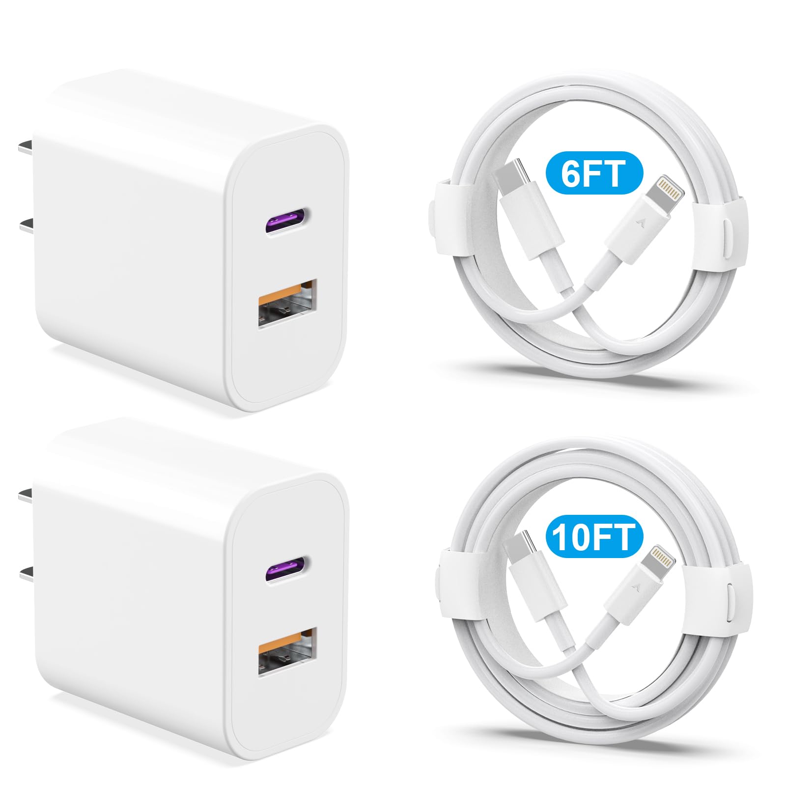 Phone Charger 2 Pack 20W Dual Port QC + PD 3.0 Power Adapter Fast Wall Charger Block with 6FT&10FT Super Fast Charger Cable for iPhone 14 13 12 11 Pro Max XR XS X,iPad More