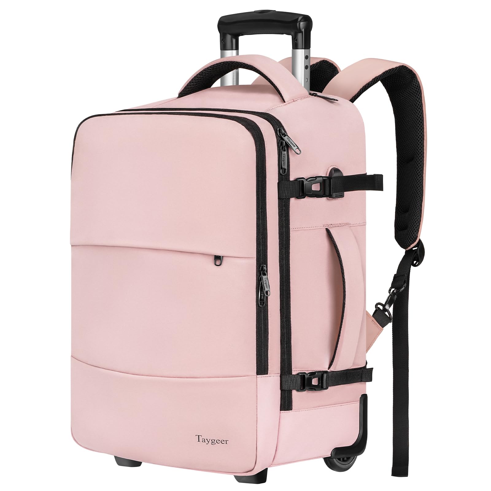 Taygeer Rolling Backpack for women, 17 inch Travel Laptop Backpack with Wheels & Shoe Pouch, Large Wheeled Backpack Carry on Luggage, Overnight College Work Suitcase Bag Roller Backpack Adult, Pink