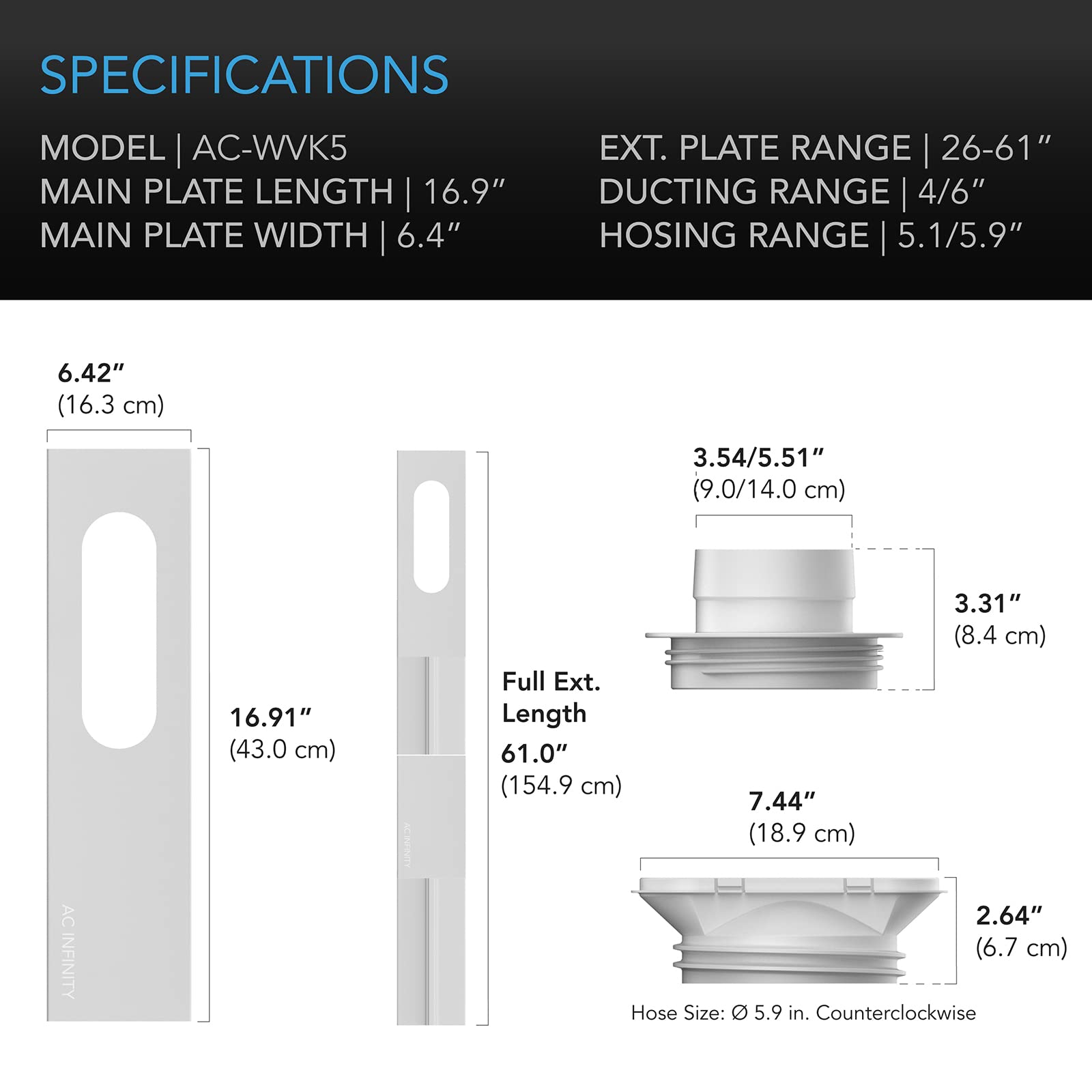 AC Infinity Window Duct Kit, Universal Vent Port for 4” and 6” Inline Fans, Window Vent Kit Fit with HVAC Ducting, Hoses, Duct Fans, Air Conditioner, and Dryer in Homes, Grow Tents, and Grow Rooms