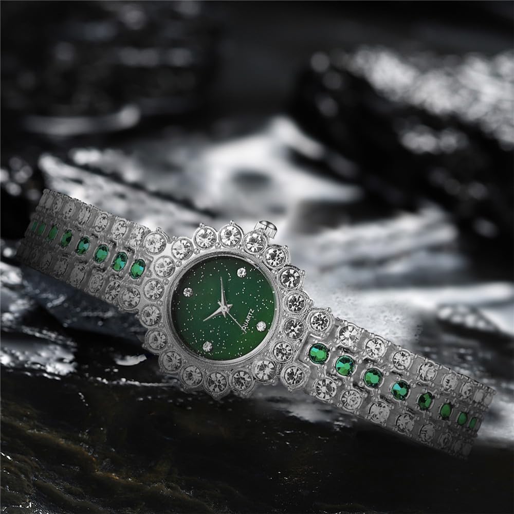 BESTKANG Women's Watch Two Tone Diamond Luxury Elegant Water Diamond Quartz Bracelet Set (Silver Green)