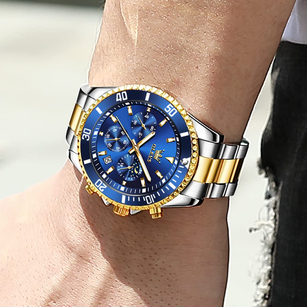 OLEVS Mens Watches Blue Chronograph Luxury Dress Moon Phase Quartz Stainless Steel Waterproof Luminous Business Calendar Wrist Watch