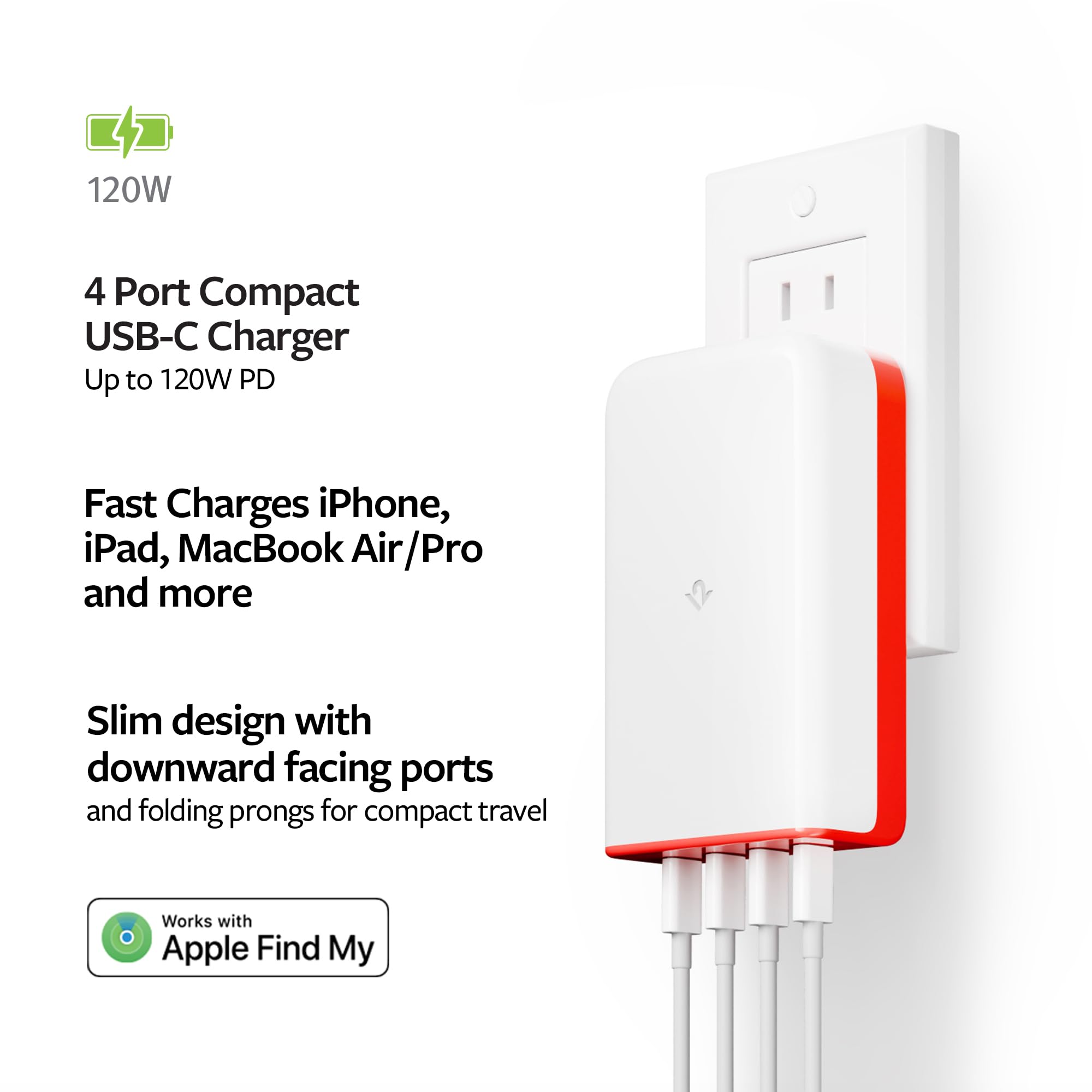 Twelve South PlugBug - 4-Port 120W USB-C Wall Charger with Find My