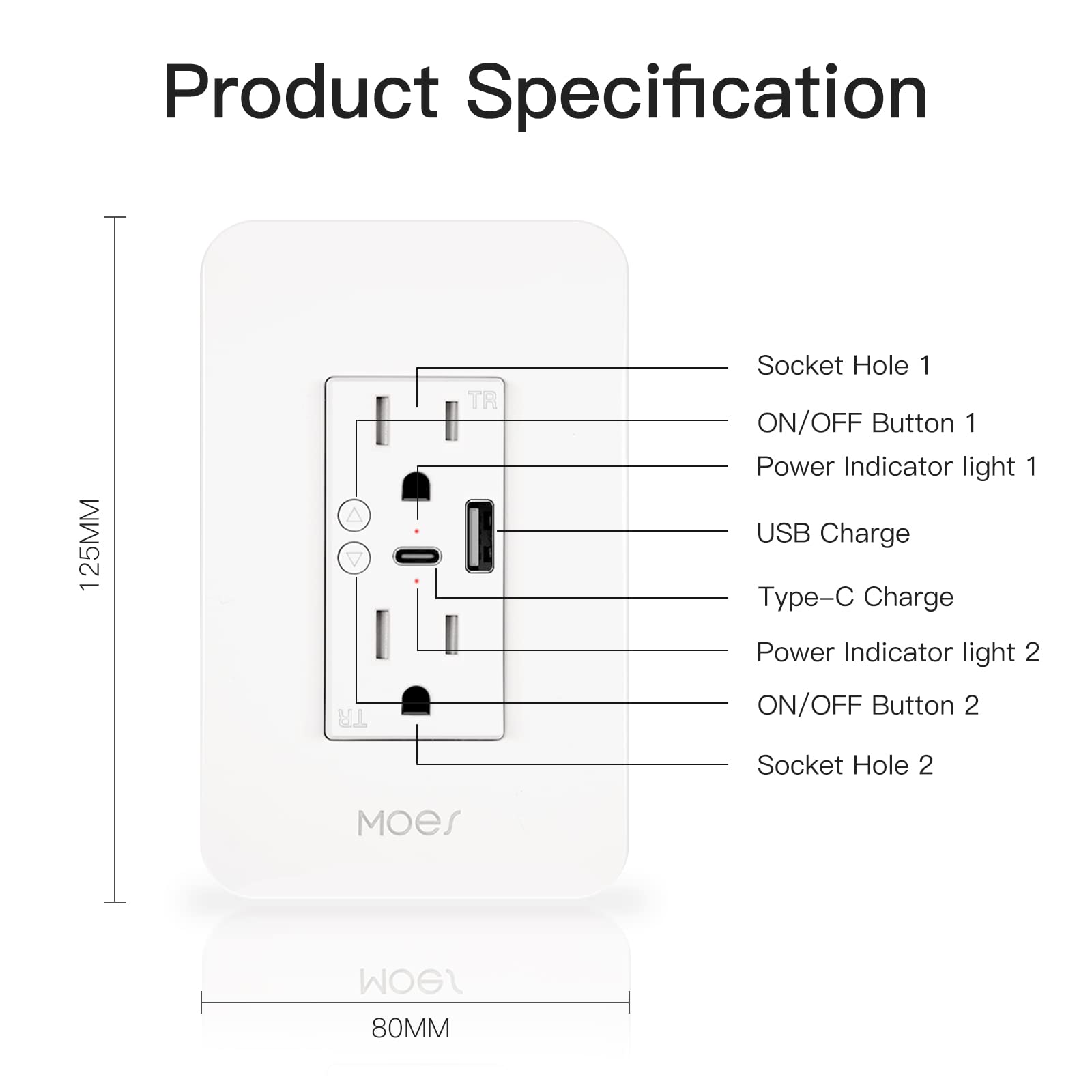 MOES Smart USB Wall Outlet Receptacle with Type-C & Type-A Charger, 2.4GHz Wi-Fi in-Wall Plug Socket, Remote Individual Control On/Off 15Amp, NO Hub Required