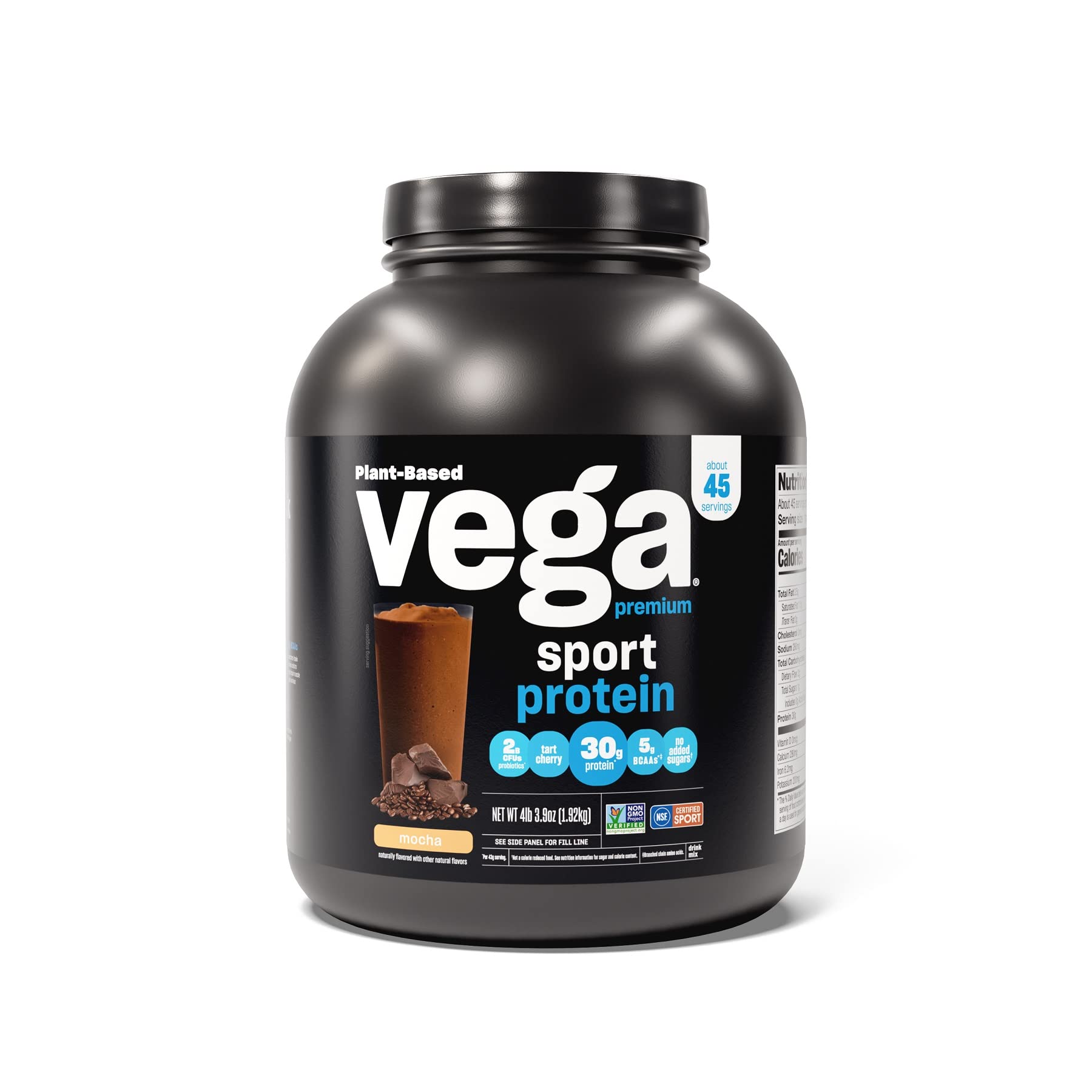 Vega Premium Sport Protein Mocha Protein Powder, Vegan, Non GMO, Gluten Free Plant Based Protein Powder Drink Mix, NSF Certified for Sport, 4lb 3 oz