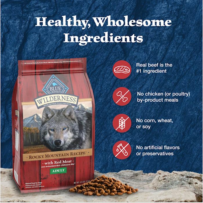 Blue Buffalo Wilderness High-Protein Rocky Mountain Recipe Dry Food for Adult Dogs, Red Meat & Grains, 13-lb. Bag