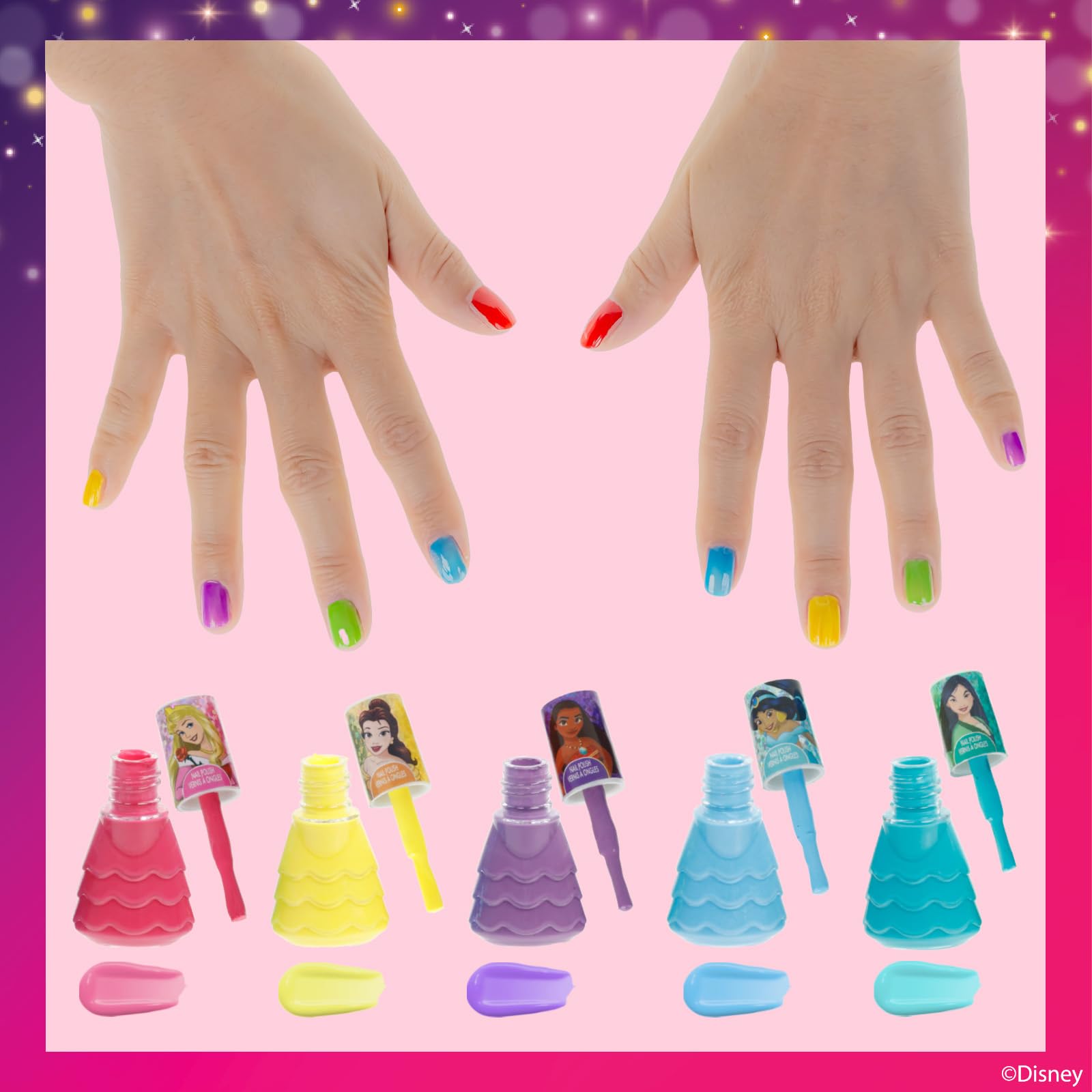 Disney Princess 15 Piece Water-Based Nail Polish with 3 Toe Spacers, Quick Dry, Peel Off, Gift Kit Set for Kids Girls, Ages 3 by Townley Girl