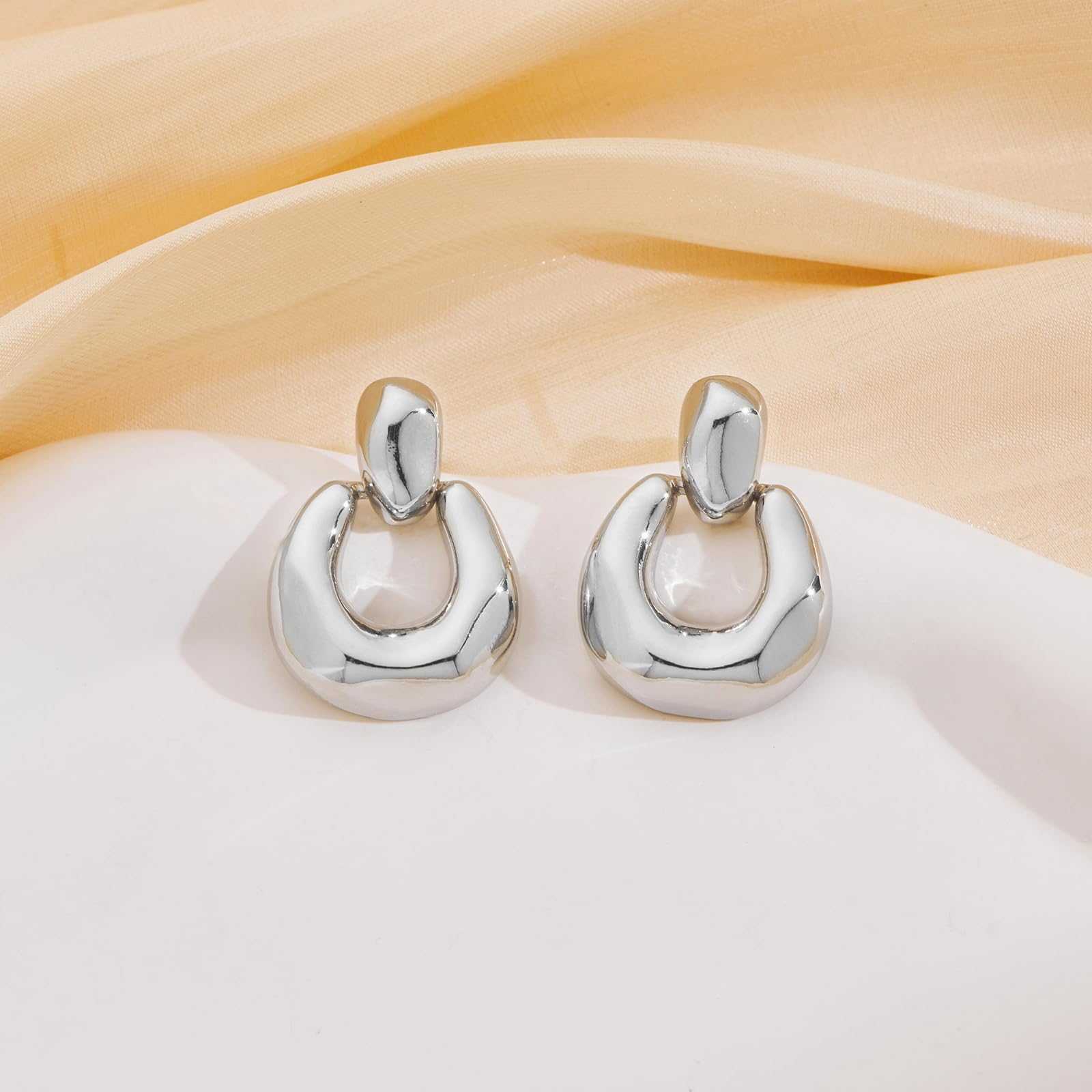 Silver Dangle Earrings for Women Statement Chunky Small Cut Design Silver Drop Earrings Door Knock Shape Dangling Earrings for Women