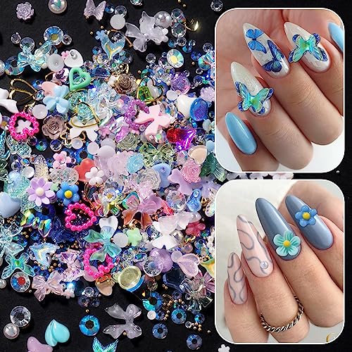 Variety 3D Hearts Nail Charms Colorful Assorted Mix Valentine Day Hearts Nail Charms Mixed Resin Rhinestones Gold Silver Balls Heart Rivets for Manicure DIY Crafts Accessories