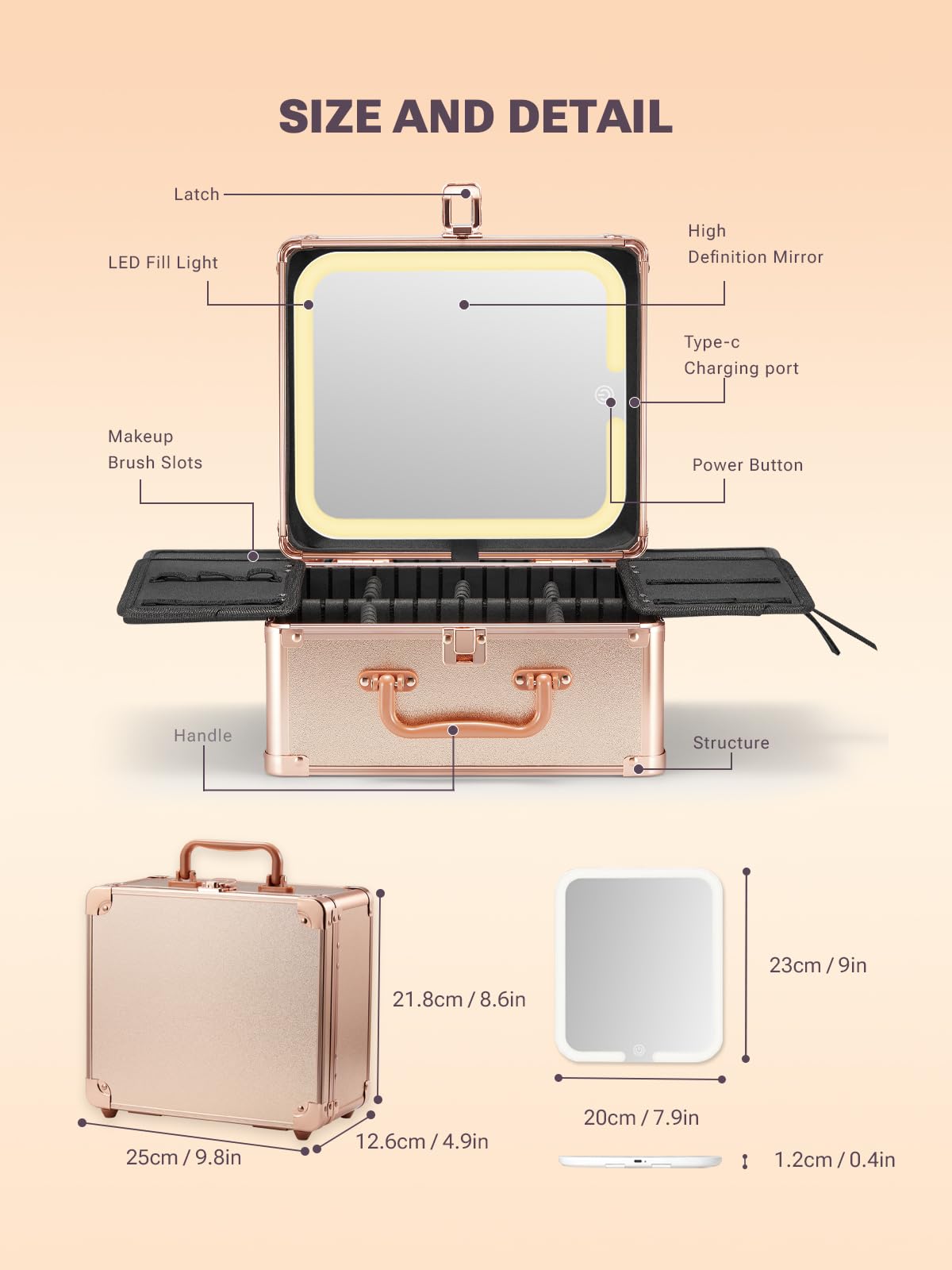 Qislee Makeup Box with A Detachable Lighted Mirror, Waterproof Travel Train Case, Cosmetic Organizer and Makeup Suitcase with Adjustable Dividers, Magnetic LED Mirror(Rose Gold)