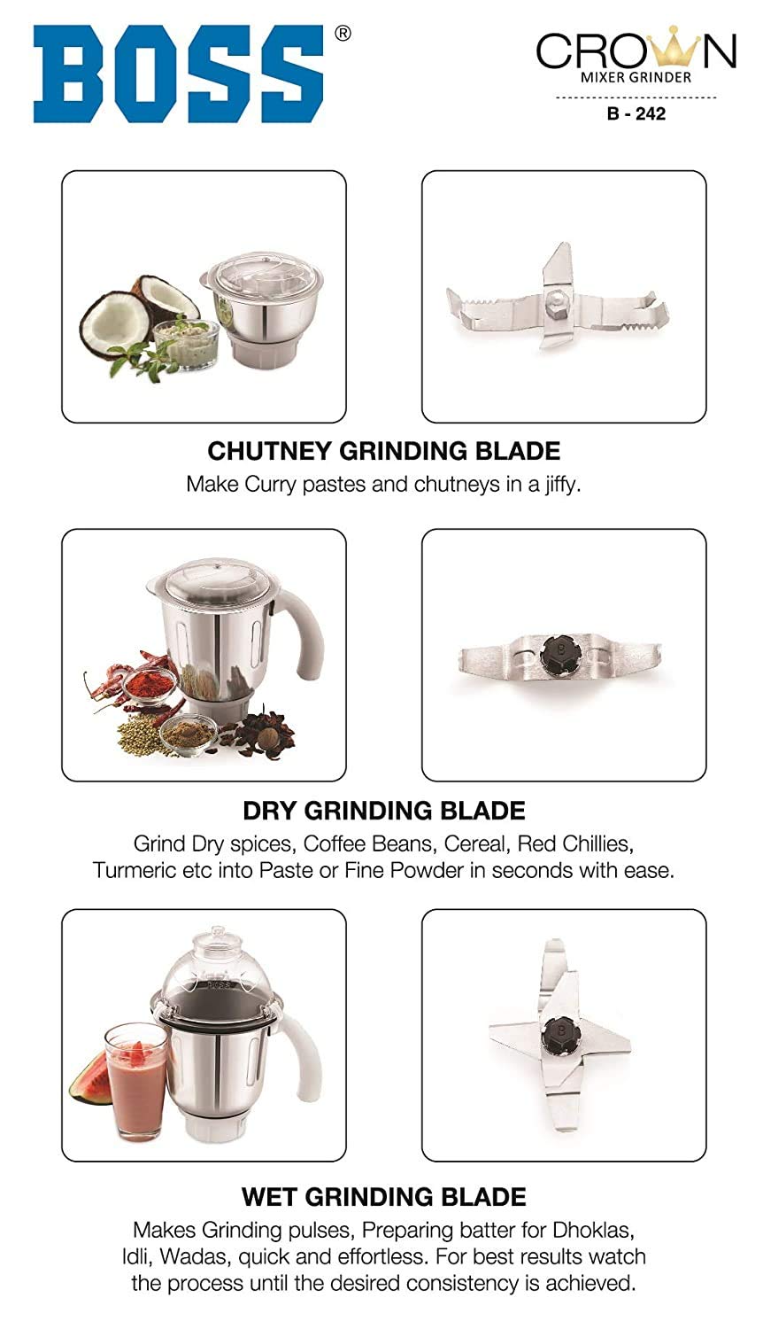 Boss Crown Wet & Dry Mixer Grinder Powerful 750W with 3 Stainless Steel Jars, 110V for USA