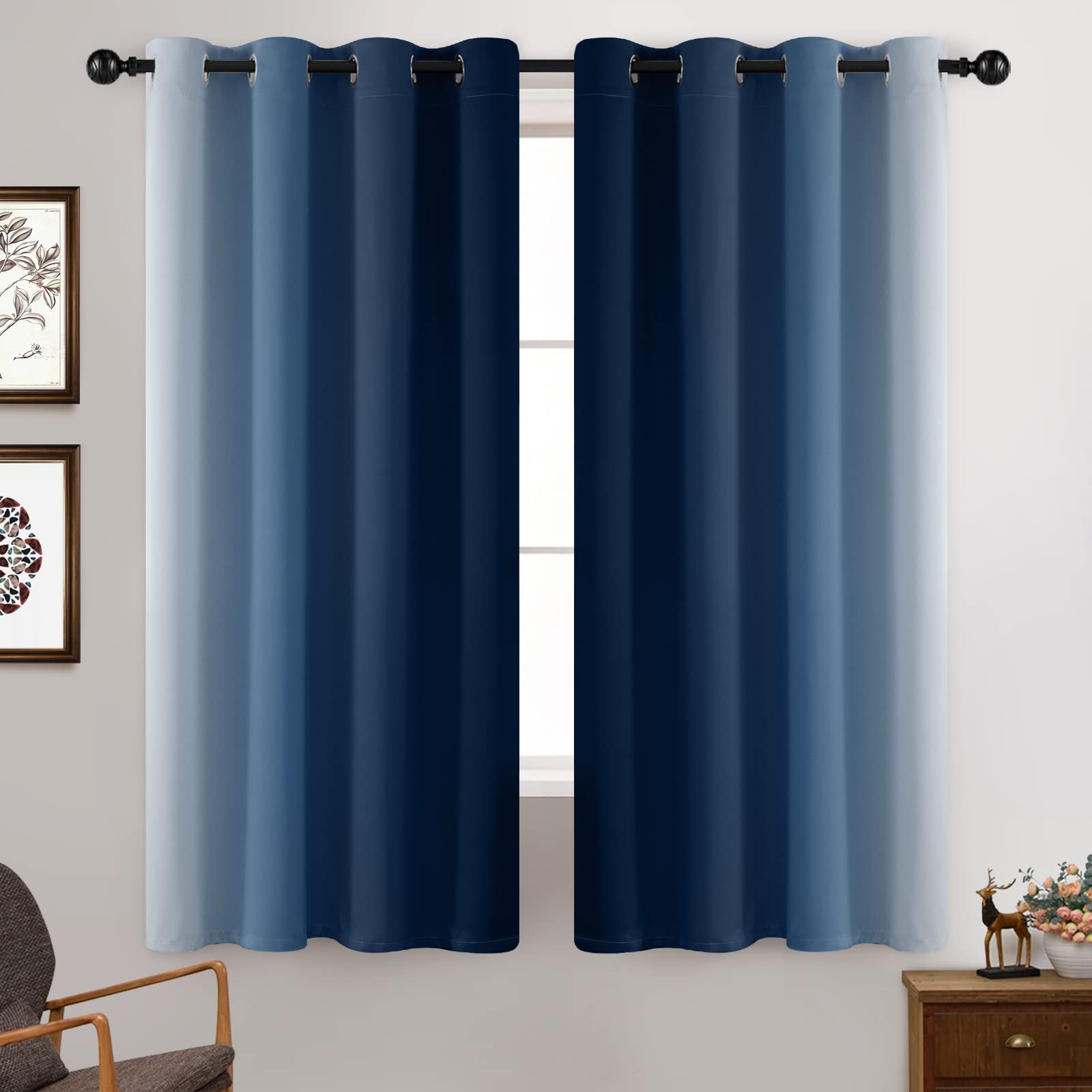 Yakamok Room Darkening Ombre Curtains,Thermal Insulated Grommet Window Drapes, Light Blocking Gradient Color Curtains for Bedroom(Blue and Greyish White, 52x63 Inch, Set of 2)