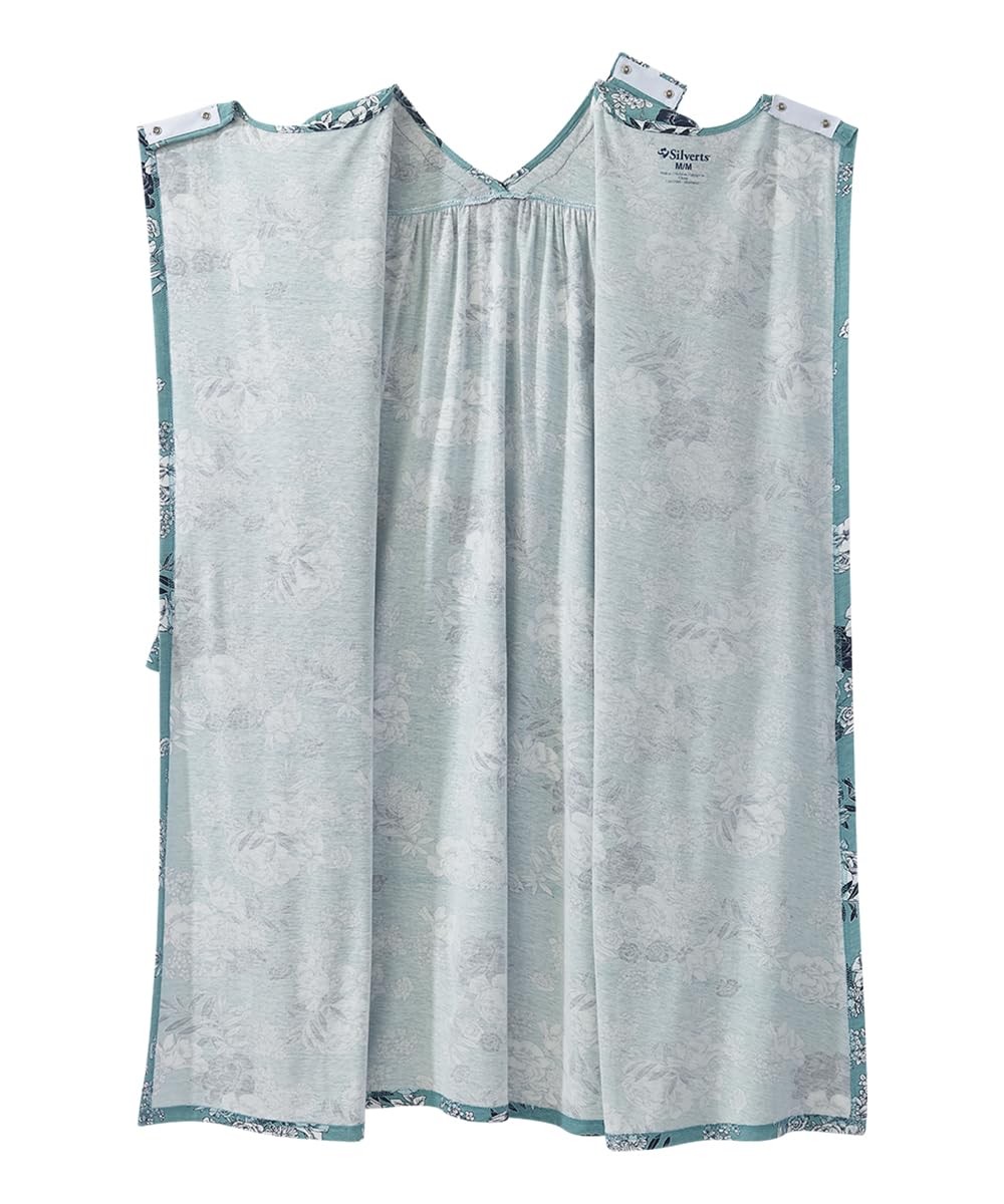 Silvert's Adaptive Clothing & Footwear Women's Open Back Long Sleeve Nightgown with Lace Trim - Aqua Flower MED