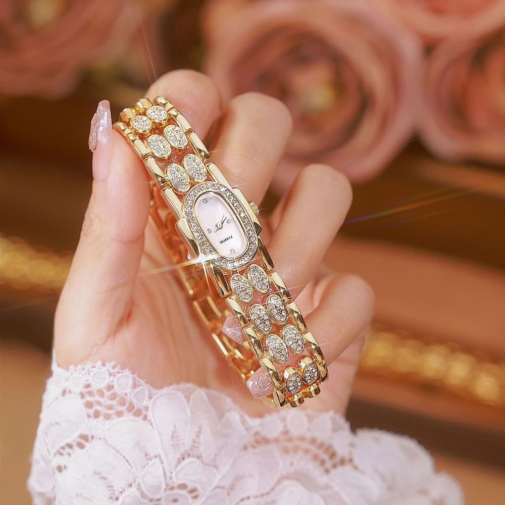 BESTKANG Dainty Watches for Women Vintage Rhinestone Bracelet Wrist Watch Luxury Small Ladies Oval Quartz Watch (Gold White)