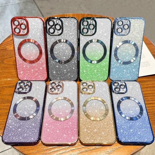 Hython for iPhone 12 Pro Case Clear Magnetic Glitter Phone Cases [Compatible with MagSafe] Full Camera Lens Protector Gradient Sparkle Luxury Plating Shockproof Protective Cover Women, Straight/Pink