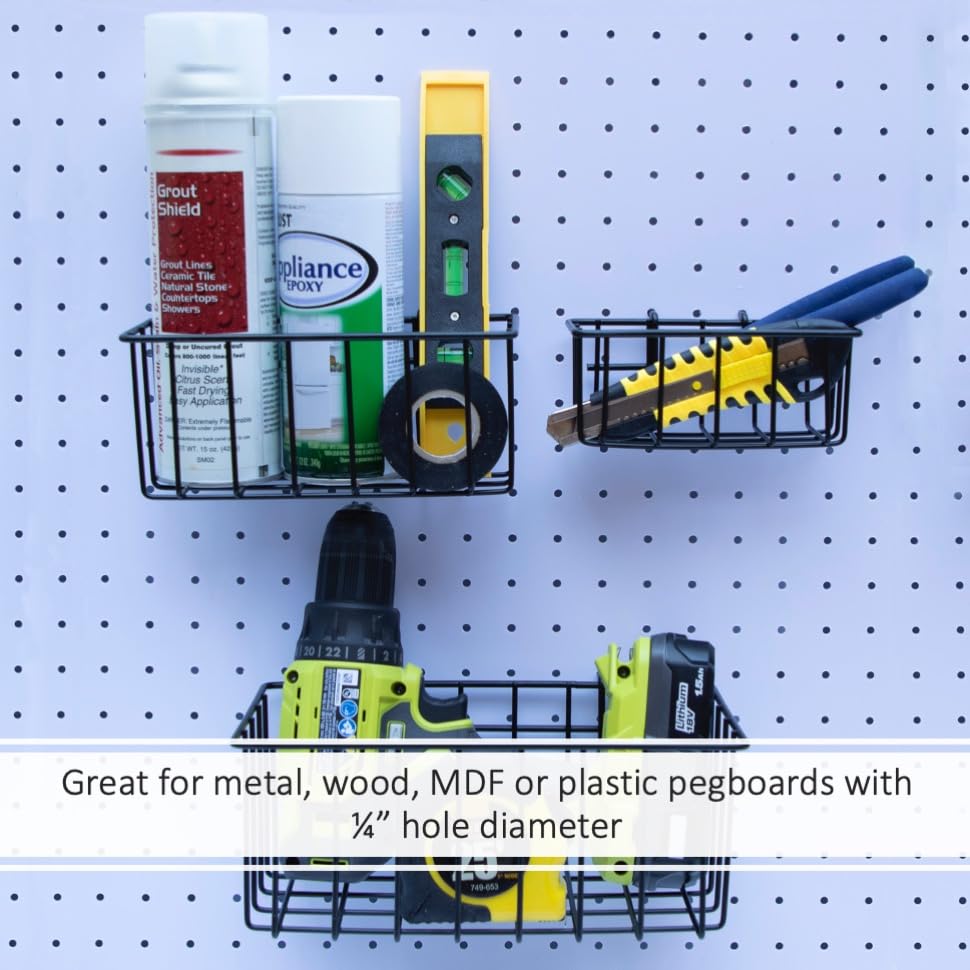 Heavy Duty Peg Board Hook Baskets for ¼ Pegboard Holes, Set of 3 Black Wire Baskets, Extra Thick Metal Fit Snugly in Pegboards with ¼ Inch Holes, ¼” Peg Board Organizer Accessories for Tools and More