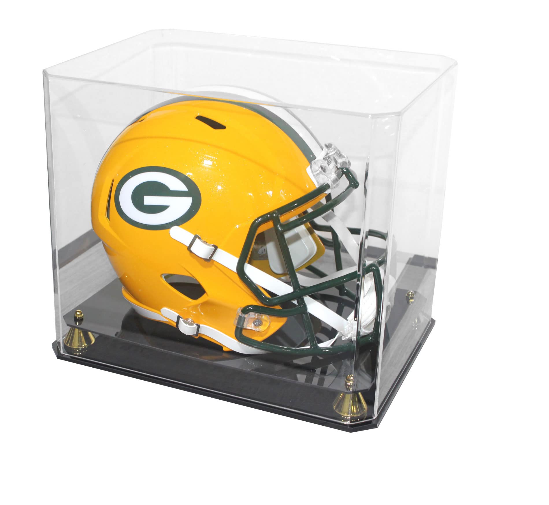 DisplayGifts Pro UV Football Helmet Display Case Stand fits Adult Size Baseball, Ice Hockey, Motorcycle, Football Helmets, Showcase with Gold Risers, One Piece No Assembly Required