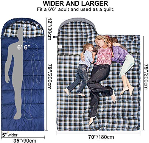 REDCAMP Cotton Flannel Sleeping Bag for Adults, XL 32F Comfortable, Envelope with Compression Sack Blue 2lbs(95"x35")