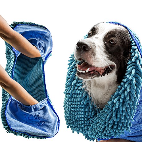 Tuff Pupper Quick Dry Towel for Dogs | Ultra Absorbent Microfiber Shammy | Extra Large 35x15 Size for All Breeds | Comfortable Hand Pockets | Indoor Outdoor Use | Durable Material | Machine Washable
