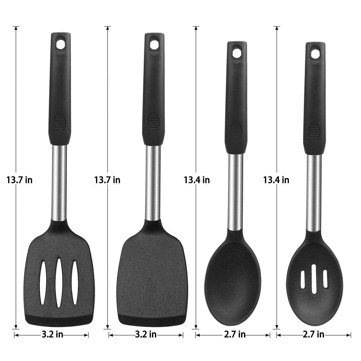 Beijiyi Silicone Spatula and Cooking Spoon, 4 Pack Non-Stick Cooking Utensils Set for Kitchen, Heat Resistant Solid & Slotted Spoons and Spatulas, Stainless Steel Handle with Silicone, Black