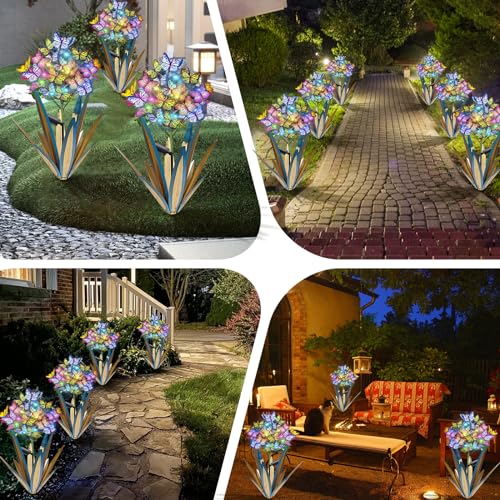 Homight Solar Metal Agave Butterfly Flower Stick Garden Sculpture Outdoor Gift Solar Garden Christmas Lights Swaying Butterfly Garden Lights Solar Outdoor (2 PCS Blue)