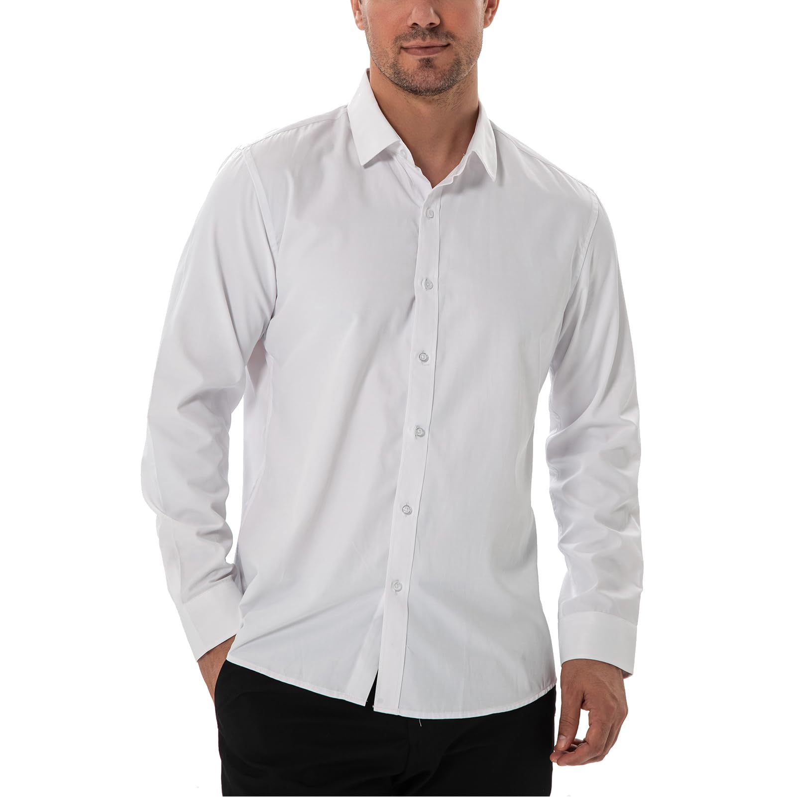 DELCARINO Men's Dress Shirts Stain Shield Stretch Slim Fit Shirts Wrinkle-Free Formal Business Button Down Shirt White Medium