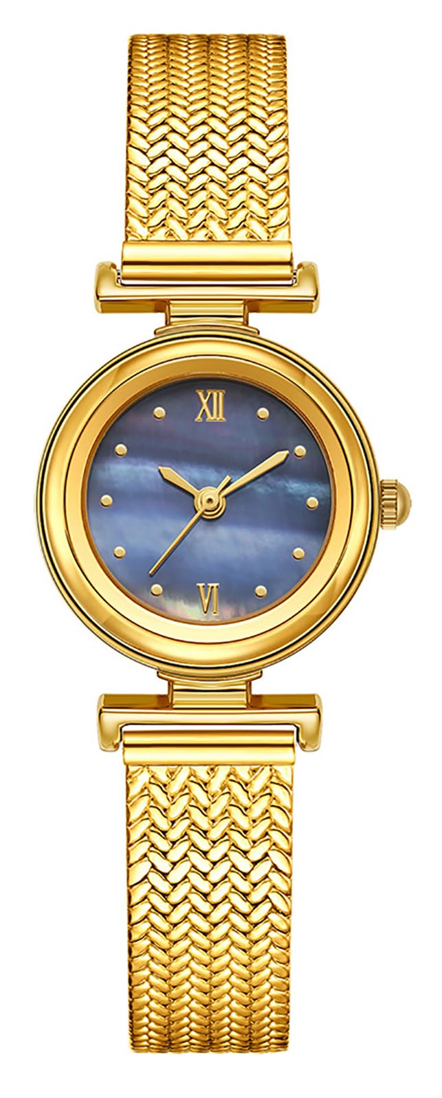 BESTKANG Elegant Women's Watch with Stainless Steel Mesh Band - Stylish Minimalist Design, Water-Resistant, Perfect for Casual & Formal Occasions (Gold Blue)