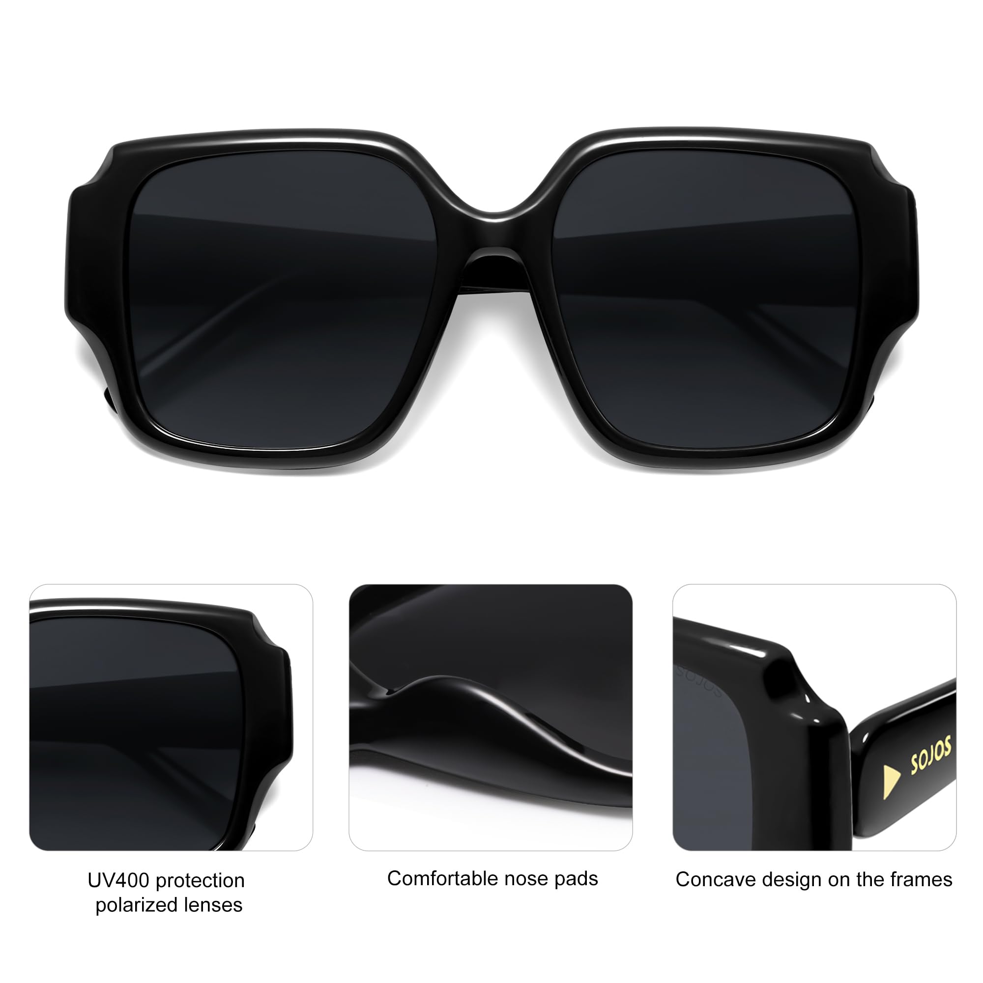 SOJOS Big Retro Square Polarized Sunglasses Womens Mens 70s 80s Vintage Oversized Sunnies SJ2359, Black/Grey