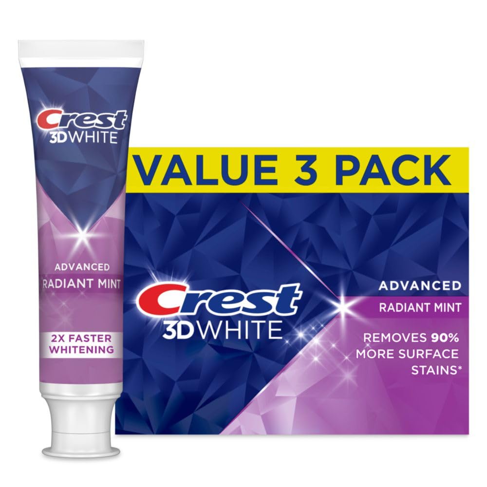 Crest 3D White Advanced Teeth Whitening Toothpaste, Crest 3D White Brilliance Toothpaste, Radiant Mint, 3.3 oz, Pack of 3