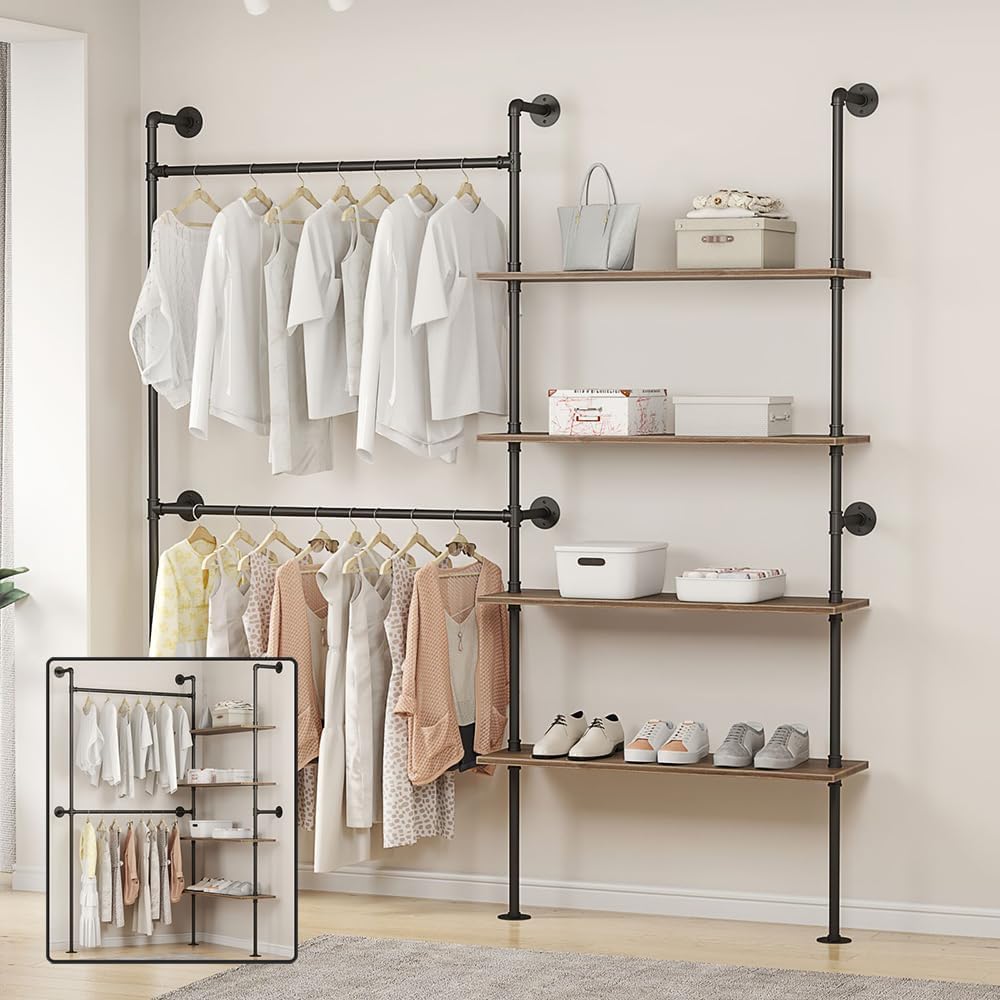 Woskar Industrial Pipe Clothing Rack, Hanging Rods Clothes Rack with Shelves, Clothes Rack for Wardrobe, Corner Closet System for Walk in Closets (Black)