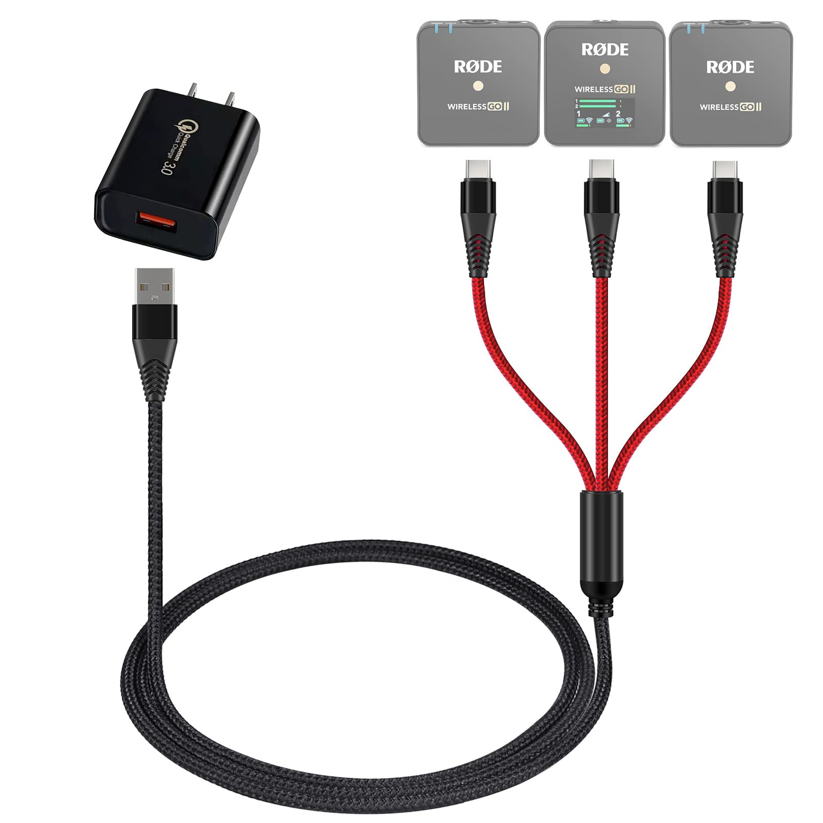 USB C Charging Cable for Rode Wireless Go 2 / ii Microphone System, 3-in-1 Type-C 3A Charger Cord with 18W Fast-Charge Power Adapter, 4ft Long