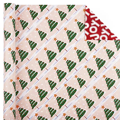 WRAPAHOLIC Reversible Christmas Wrapping Paper - Mini Roll - 17 Inch X 33 Feet - Christmas Tree and Joy Lettering Design for Holiday, Party, Celebration