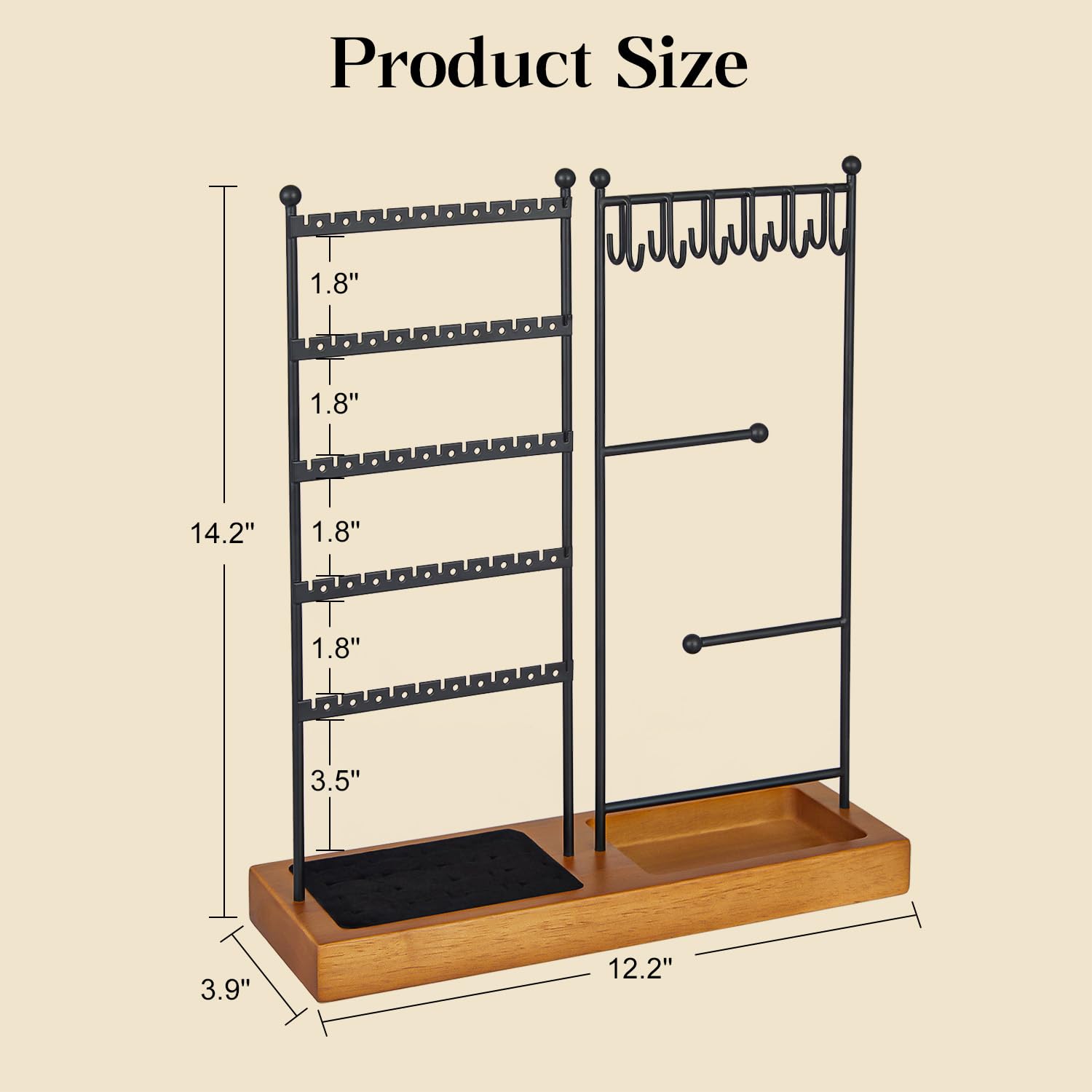 Jewelry Organizer with Earring Holder,Necklace Holder with Ring Tray, Jewelry Stand Tree Holder Organizer For Earring Ring Necklace Bracelet Display and Storage,12 Hooks,100 Earring Holes,16 Ring Slot