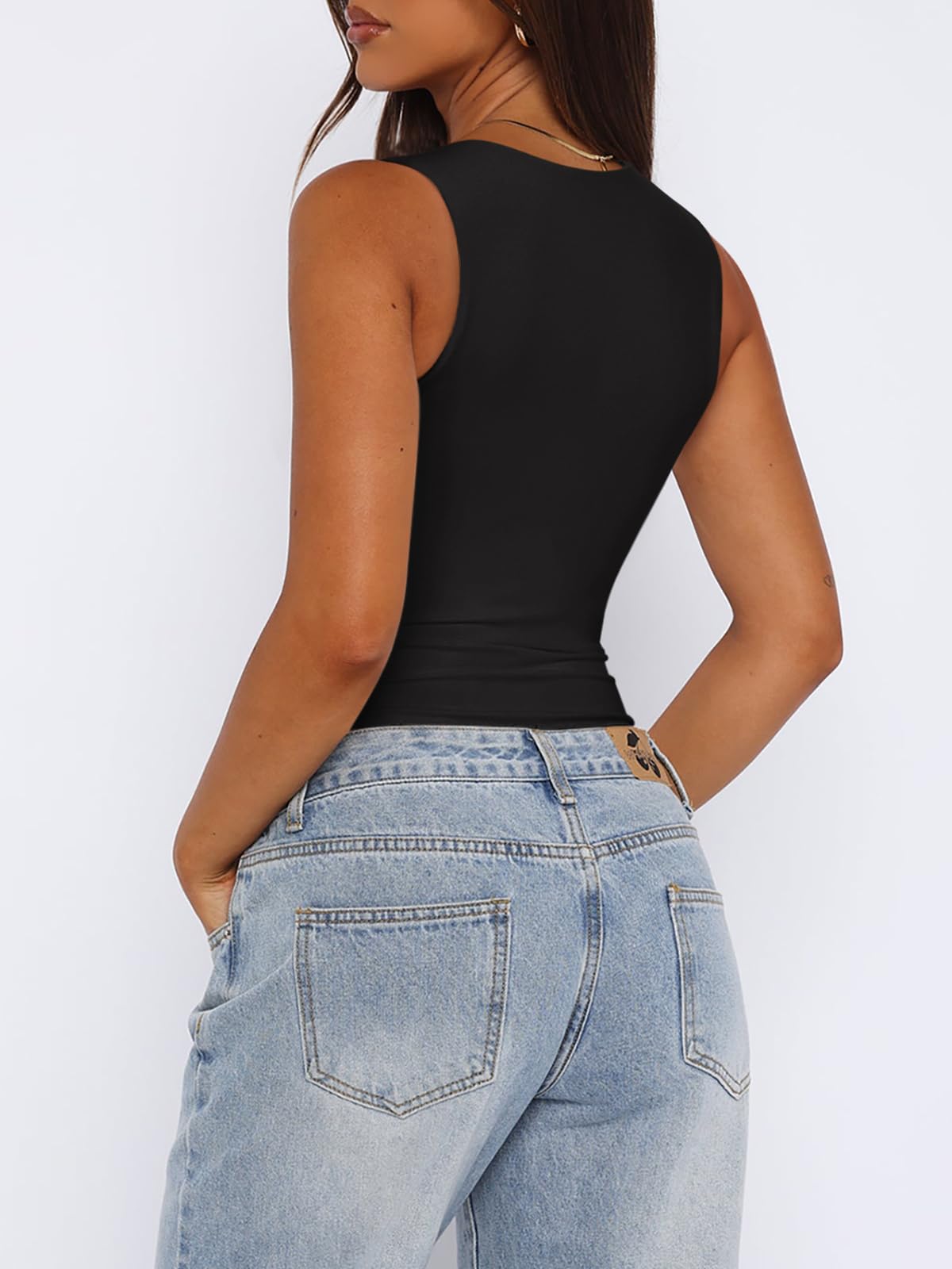 REORIA Womens Summer Sexy Sleeveless Square Neck Double Lined Going Out Cute Thong Bodysuit Tank Tops Black X-Small